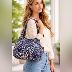 Vera Bradley Twirly Birds Navy Quilted Shoulder Bag | Retired Print| Reversible